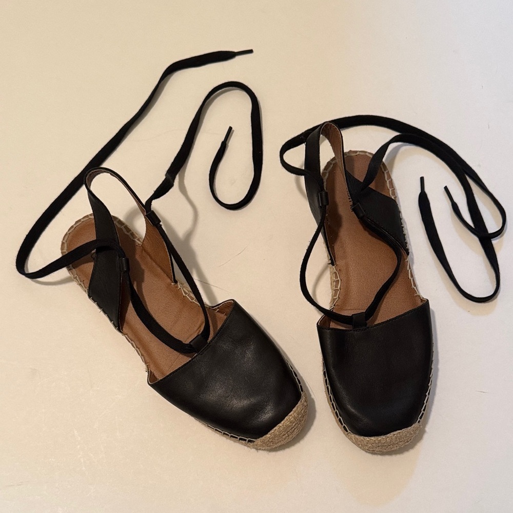 Susina Black Leather Espadrilles with Laces